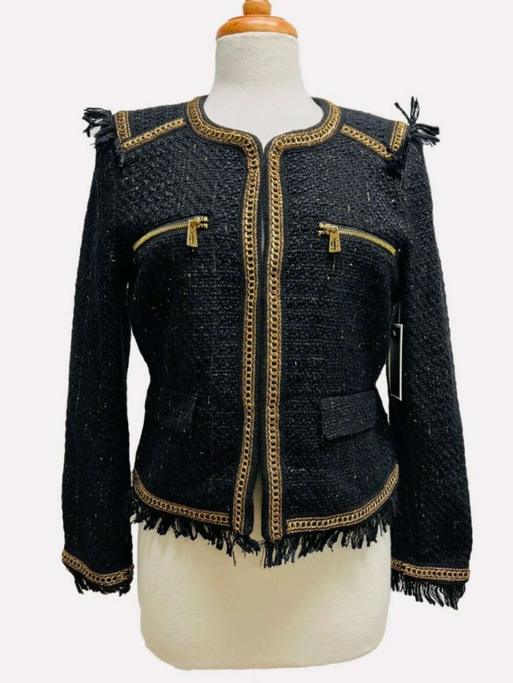 Juicy Couture Black Label Tweed Military Jacket Gold Chain Trim Fringe WFWJ57418
